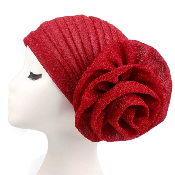 Gorgeous sparkle metallic flower turban hat cloche in bright red NEW - Picture 5 of 6
